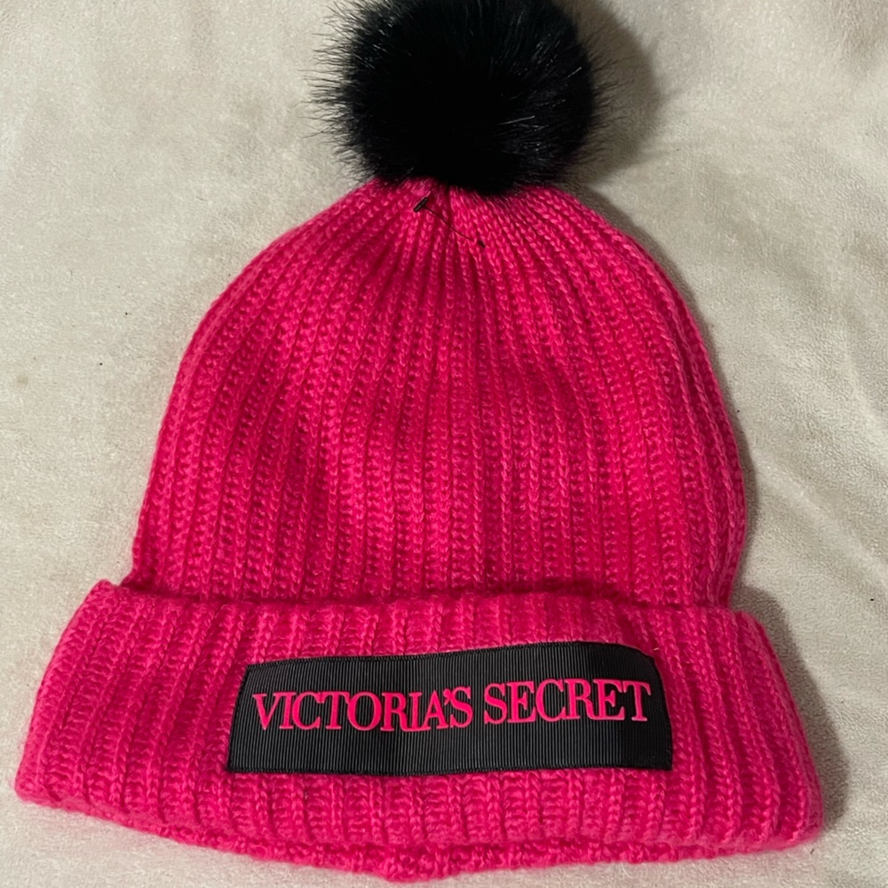 Victoria's Secret Neon Pink Beanie with Black Pom